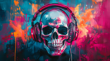 photo-wallpaper-skull-with-headphones-against-neon-pink-and-turquoise