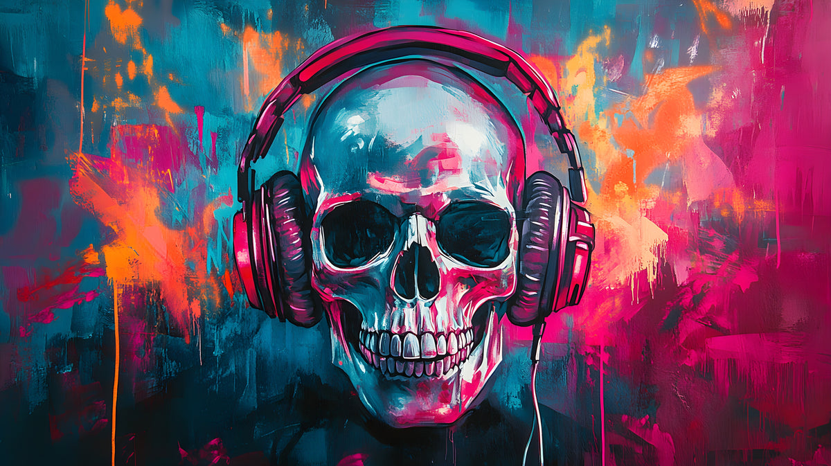 photo-wallpaper-skull-with-headphones-against-neon-pink-and-turquoise