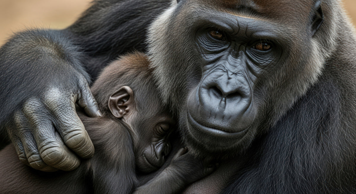 photo-wallpaper-gorilla-mother-cradling-her-sleeping-infant-in-warm-light