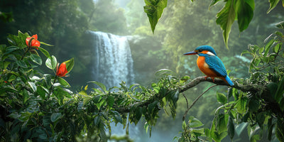 photo-wallpaper-kingfisher-on-a-branch-before-a-jungle-waterfall