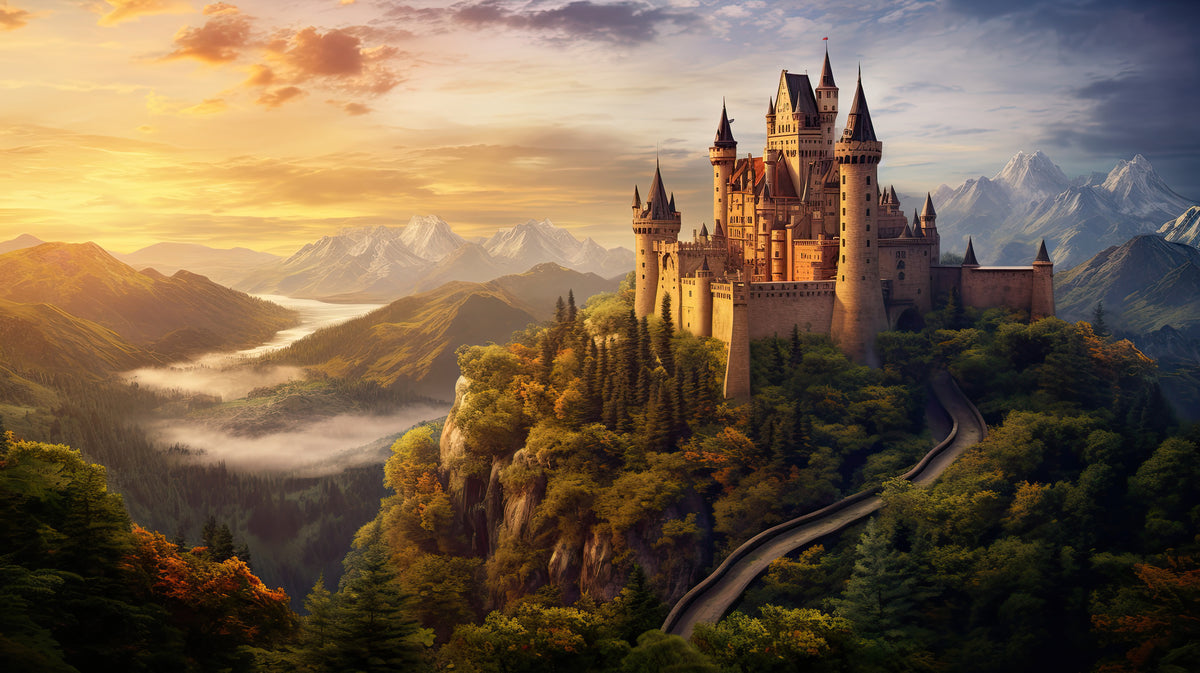 photo-wallpaper-fairytale-castle-above-a-misty-mountain-valley-at-golden-hour