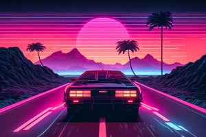 photo-wallpaper-sports-car-on-a-neon-highway-toward-a-retro-sun-with-glowing-palms
