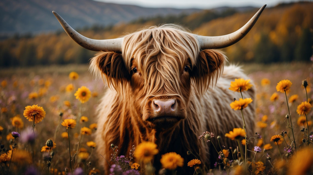 photo-wallpaper-highland-cow-among-yellow-wildflowers-with-shaggy-golden-coat