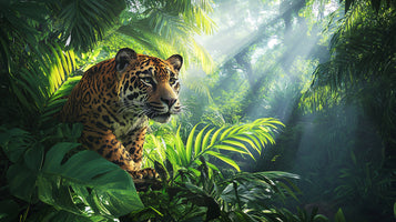 photo-wallpaper-jaguar-in-green-jungle-with-sunbeams-through-the-leaves
