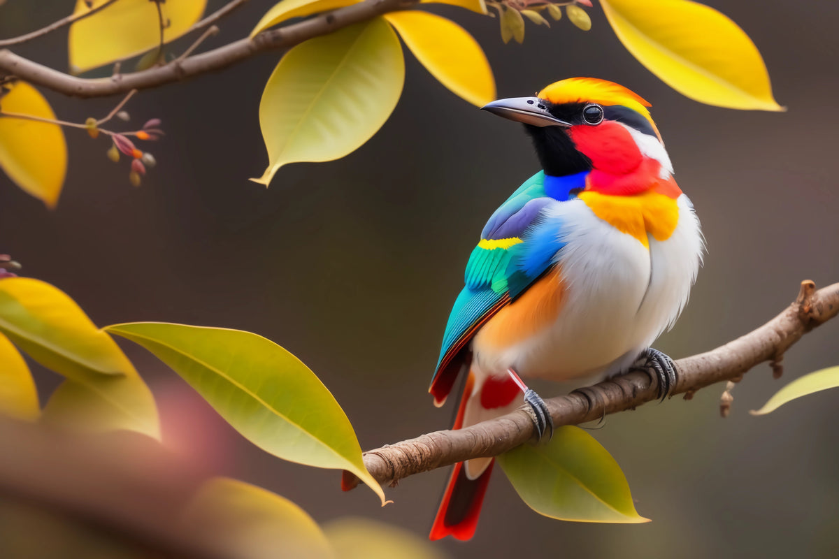 photo-wallpaper-brightly-coloured-bird-on-a-branch-among-yellow-leaves