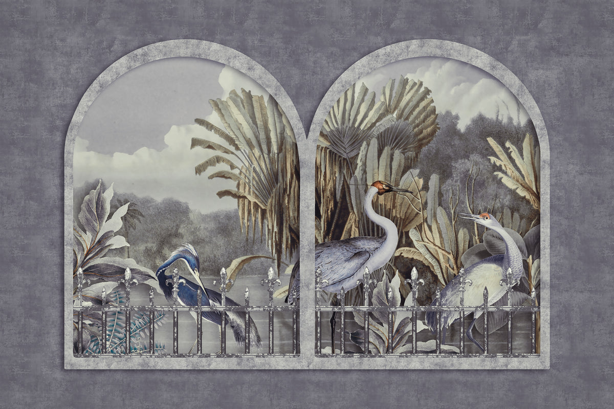 photo-wallpaper-elegant-cranes-tropical-garden