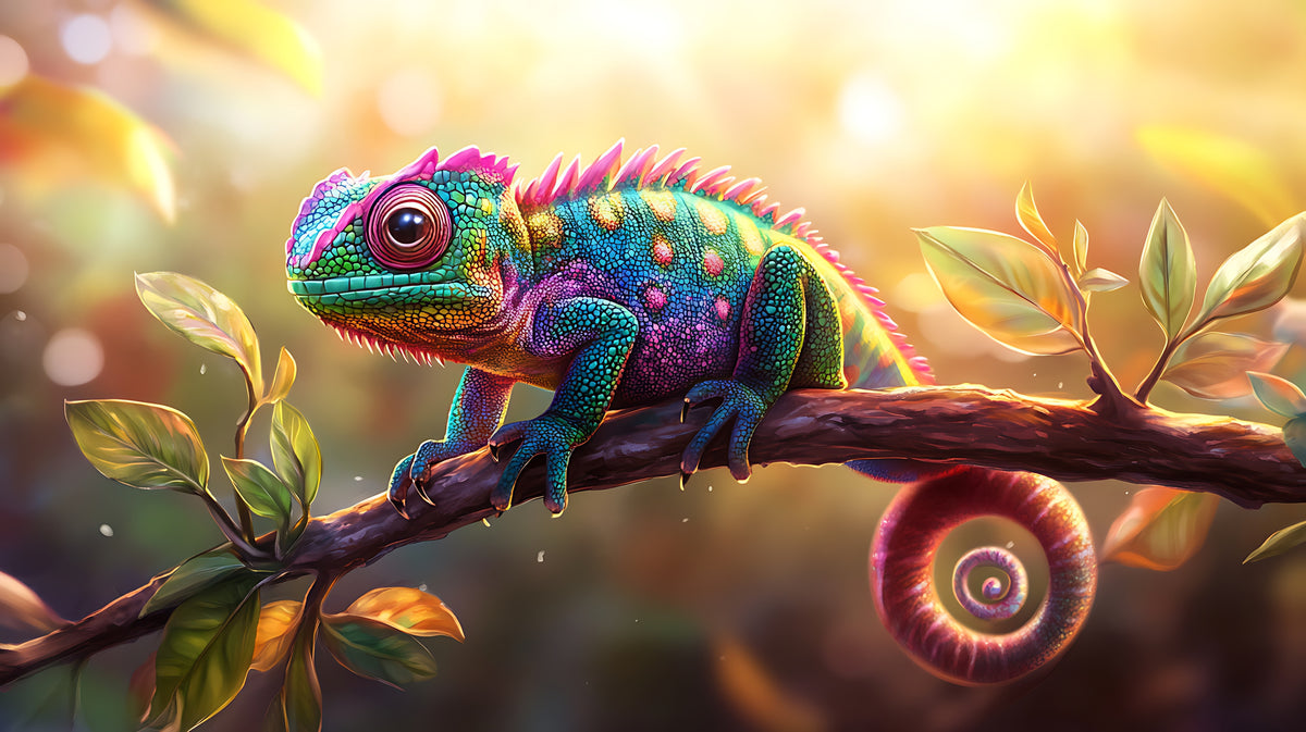 photo-wallpaper-colourful-chameleon-on-a-branch-in-golden-backlight