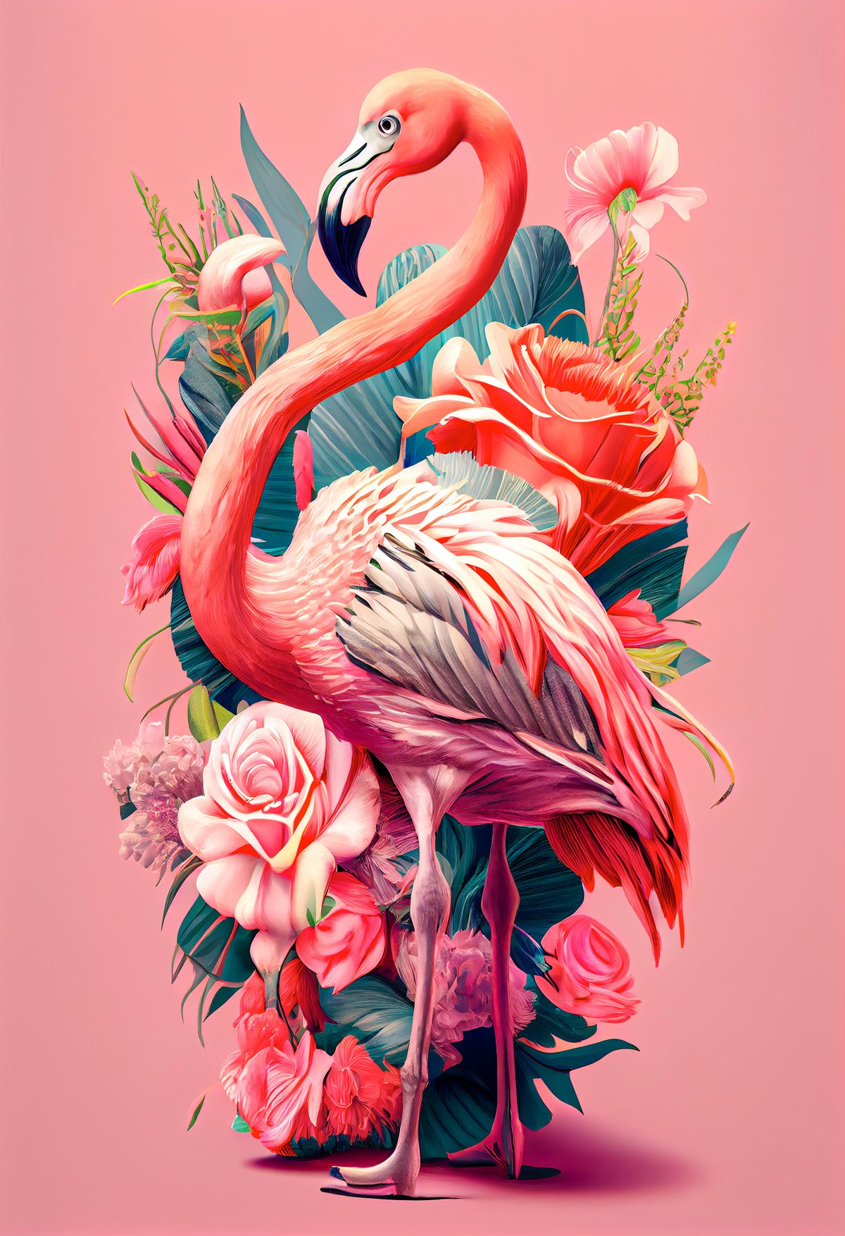photo-wallpaper-flamingo-among-roses-and-foliage-on-soft-pink