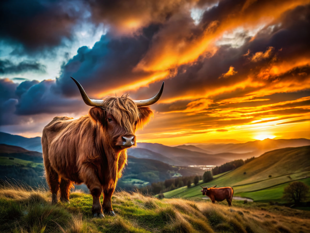 photo-wallpaper-highland-cow-on-a-green-hillside-under-a-blazing-sunset-sky