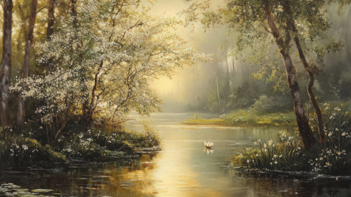 photo-wallpaper-still-river-through-blossoming-woodland-in-golden-morning-haze