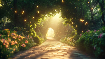 photo-wallpaper-cobbled-path-through-a-blossoming-leafy-tunnel-with-glowing-butterflies