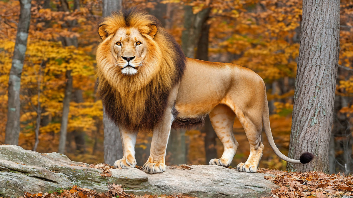 photo-wallpaper-lion-on-a-rock-in-a-golden-autumn-forest
