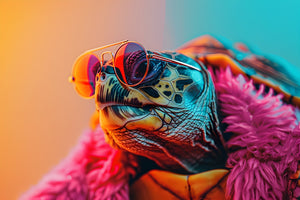 photo-wallpaper-turtle-in-round-sunglasses-against-neon-pink-and-turquoise