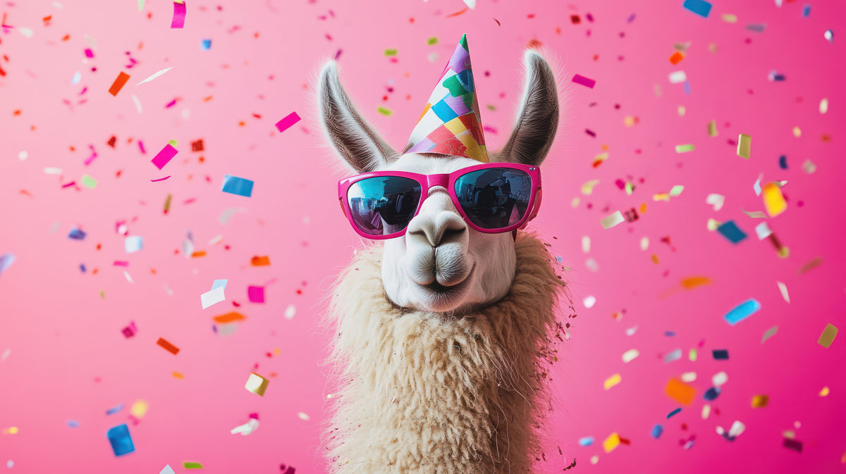 photo-wallpaper-llama-in-pink-sunglasses-and-party-hat-amid-falling-confetti