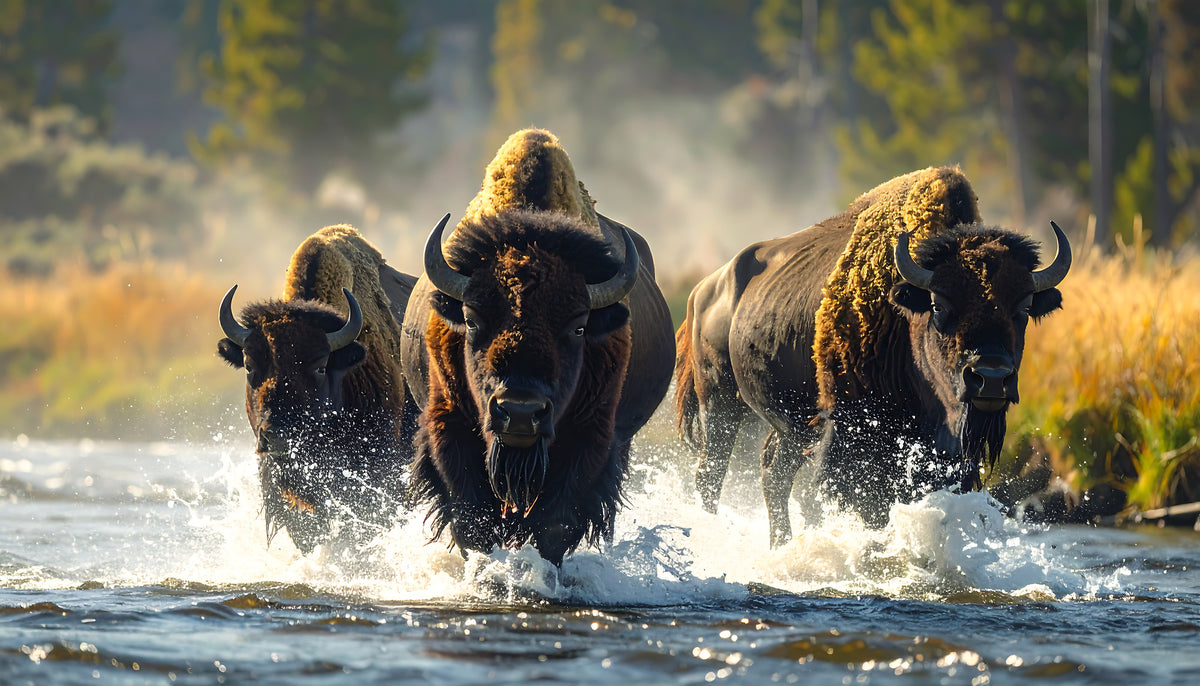 photo-wallpaper-bison-wading-through-a-sunlit-river-amid-flying-spray