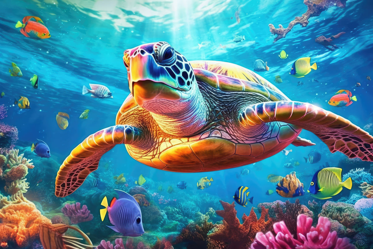 photo-wallpaper-sea-turtle-gliding-over-a-vivid-coral-reef-full-of-tropical-fish
