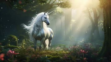 photo-wallpaper-white-unicorn-in-a-mossy-forest-with-sunbeams-and-pink-blossoms