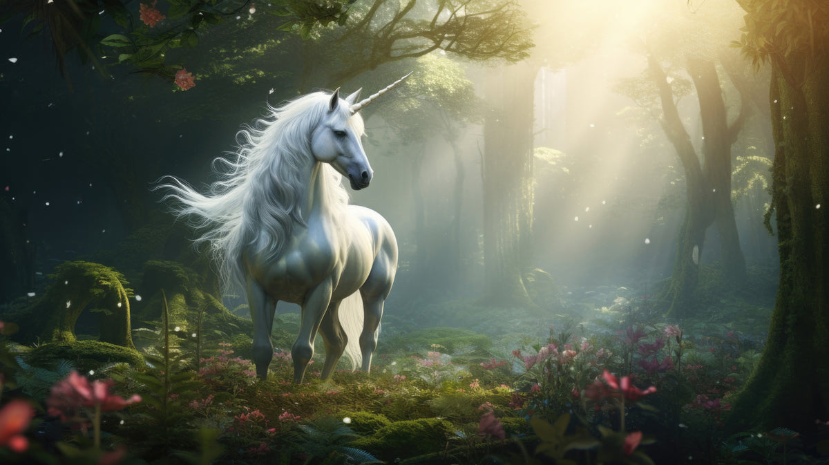photo-wallpaper-white-unicorn-in-a-mossy-forest-with-sunbeams-and-pink-blossoms