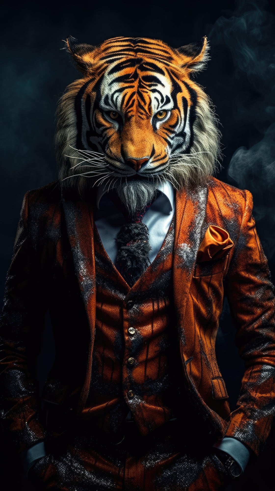photo-wallpaper-tiger-in-an-orange-three-piece-suit-against-dark-smoke