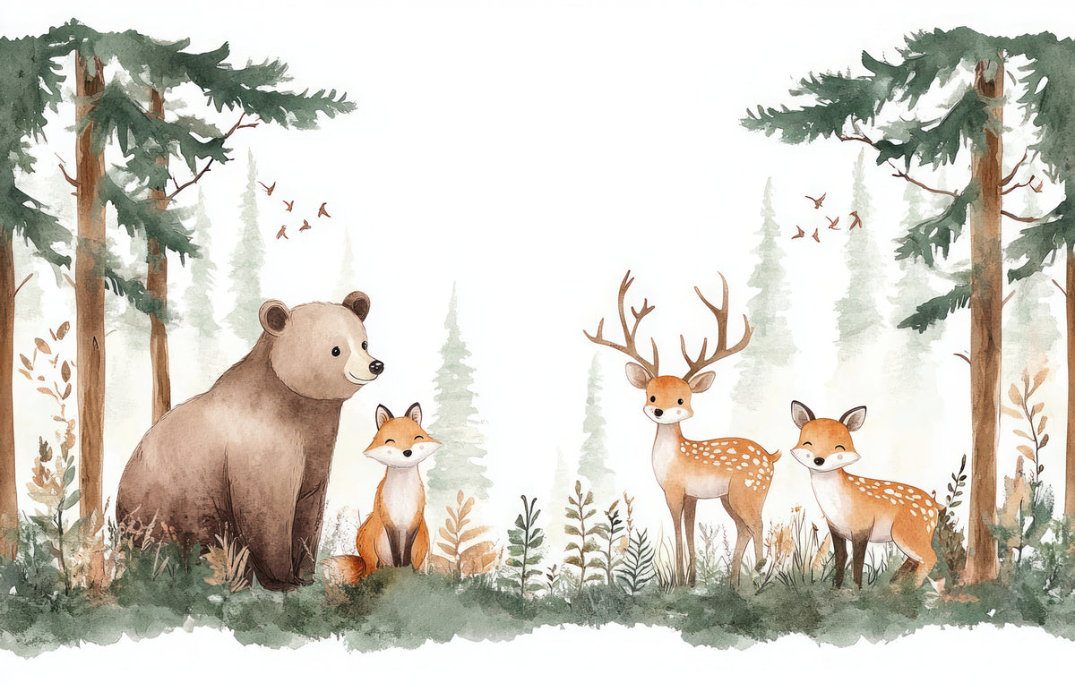 photo-wallpaper-bear-fox-and-deer-in-a-pine-forest-painted-in-soft-watercolour