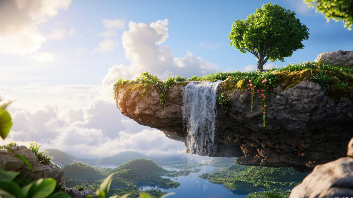 photo-wallpaper-lush-floating-island-with-powerful-waterfall-and-vibrant-greenery