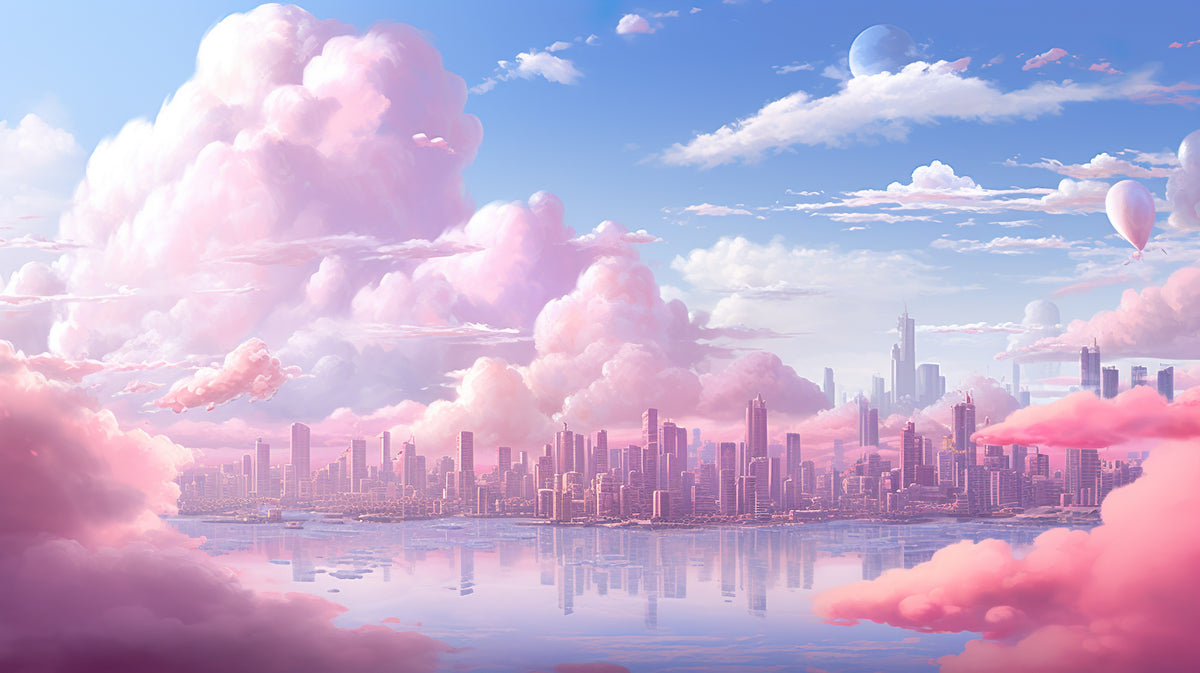 photo-wallpaper-city-skyline-behind-pink-cloud-banks-mirrored-in-still-water