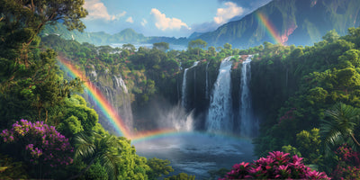photo-wallpaper-tropical-waterfall-with-a-rainbow-over-blossoming-jungle