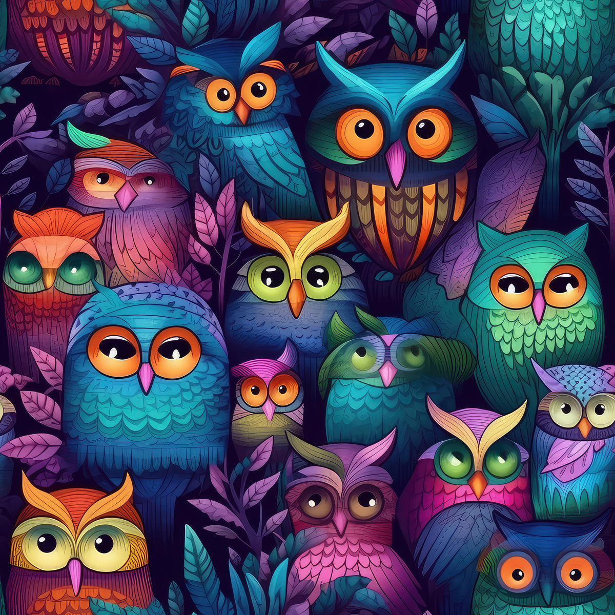photo-wallpaper-colourful-owls-in-dark-night-foliage-glowing-illustration