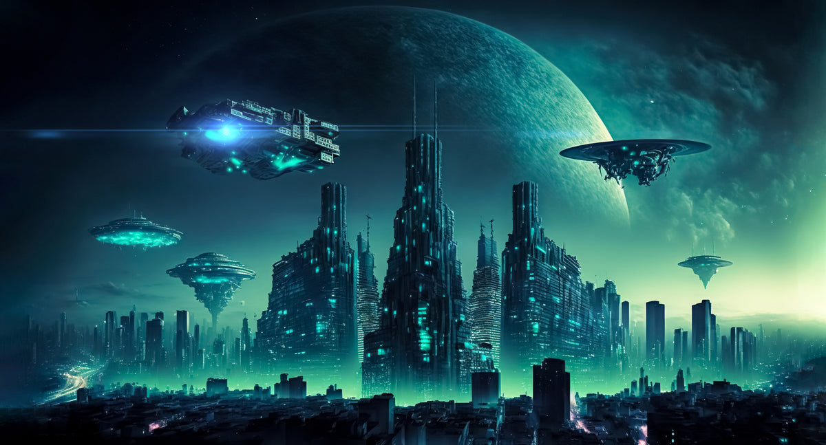 photo-wallpaper-spaceships-above-a-turquoise-lit-city-skyline-at-night