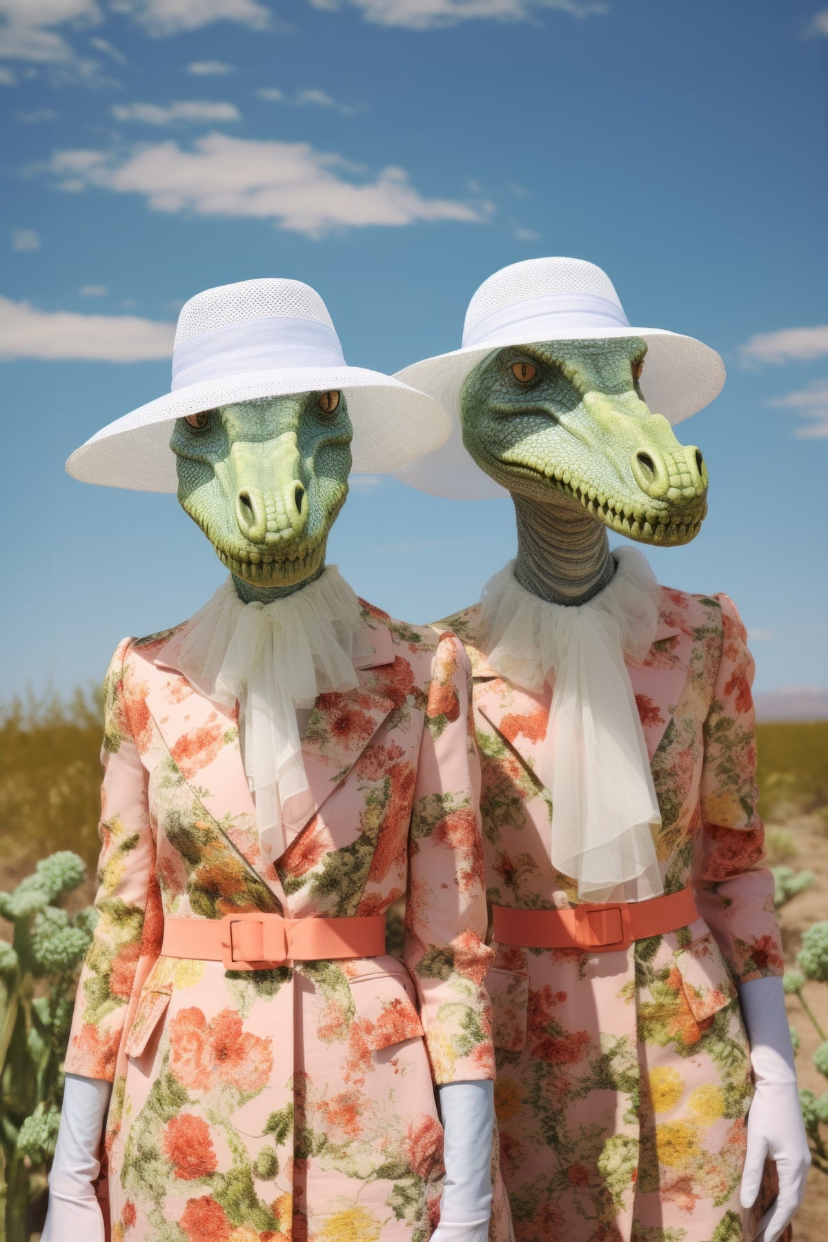photo-wallpaper-two-dinosaur-ladies-in-floral-dresses-and-white-sun-hats