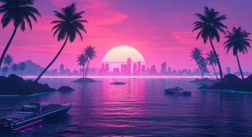 photo-wallpaper-neon-sunset-over-a-tropical-bay-with-palms-and-a-distant-skyline