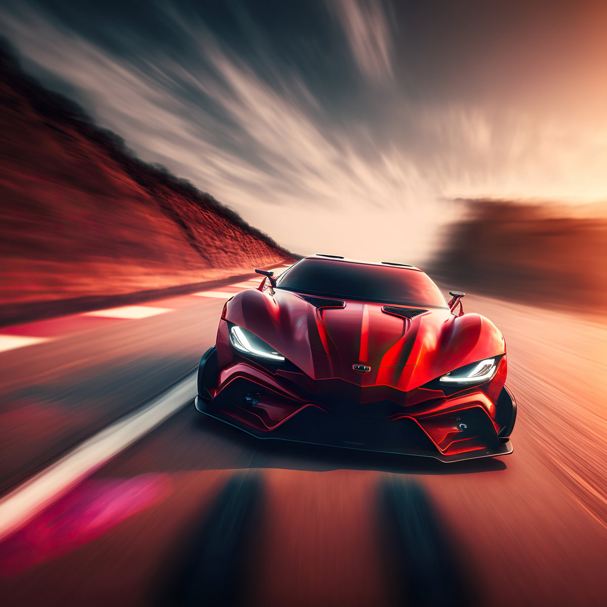 photo-wallpaper-red-sports-car-racing-down-the-track-in-blurred-evening-light
