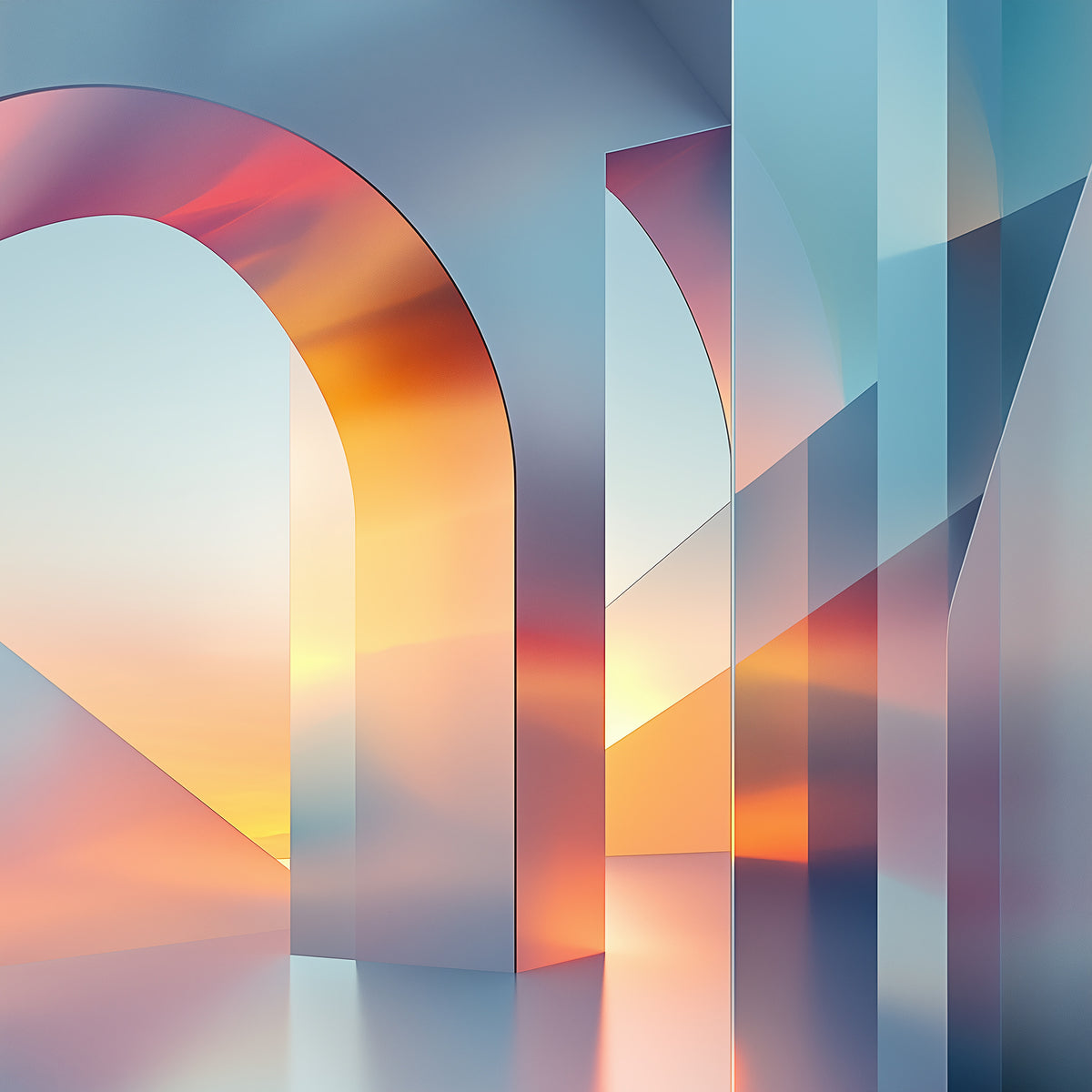 photo-wallpaper-mirrored-arches-at-sunset-glass-architecture-in-orange-and-blue