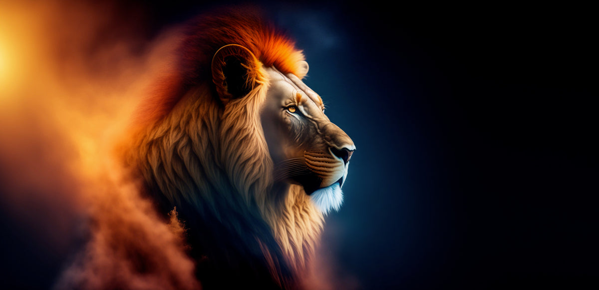 photo-wallpaper-lion-in-profile-with-a-glowing-mane-against-deep-blue-darkness