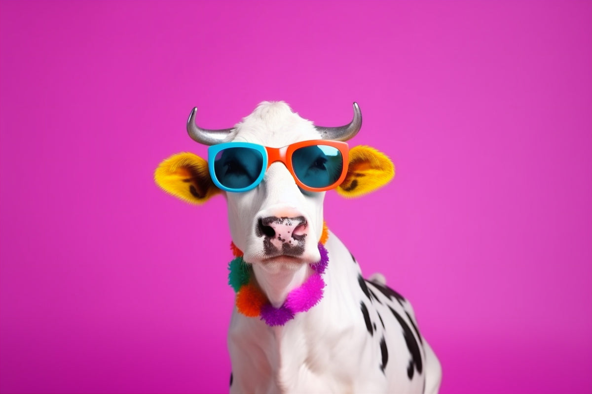 photo-wallpaper-cow-wearing-bright-sunglasses-and-a-flower-garland-on-hot-pink