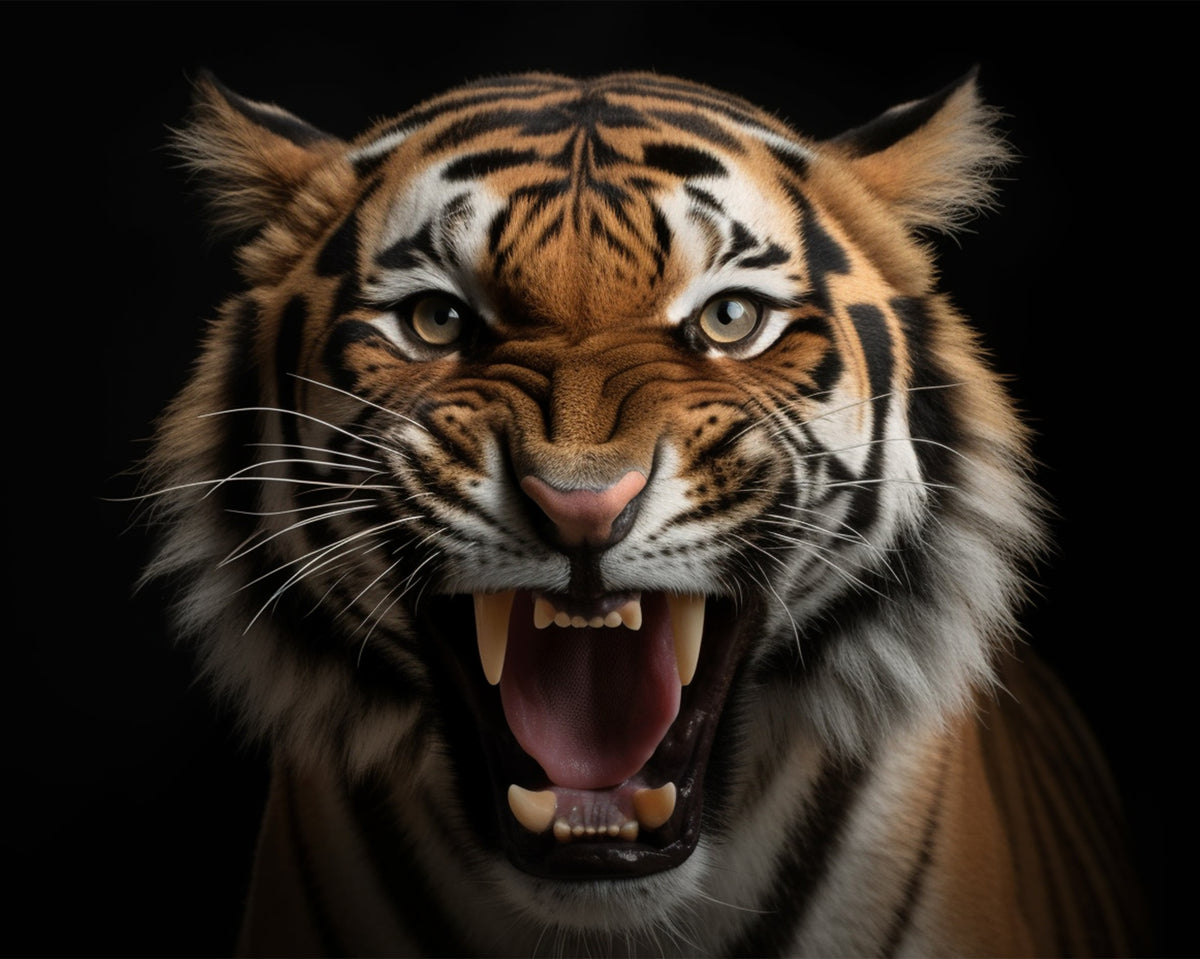 photo-wallpaper-detailed-portrait-of-a-roaring-tigers-face-isolated-on-black-background-generative-ai