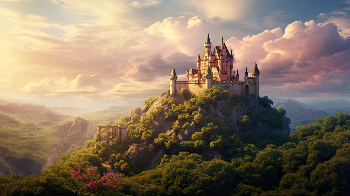 photo-wallpaper-fairytale-castle-on-a-wooded-crag-in-golden-evening-light