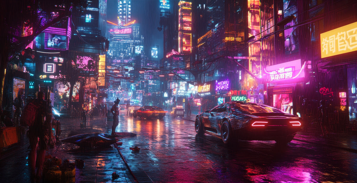 photo-wallpaper-neon-city-in-the-rain-sports-car-on-mirrored-asphalt
