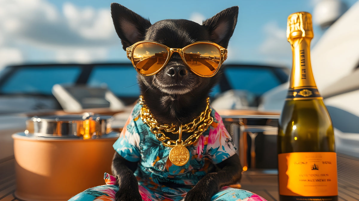 photo-wallpaper-chihuahua-in-golden-shades-and-gold-chain-on-deck-with-champagne