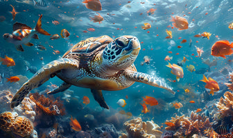 photo-wallpaper-sea-turtle-gliding-over-a-colourful-coral-reef-in-turquoise-light