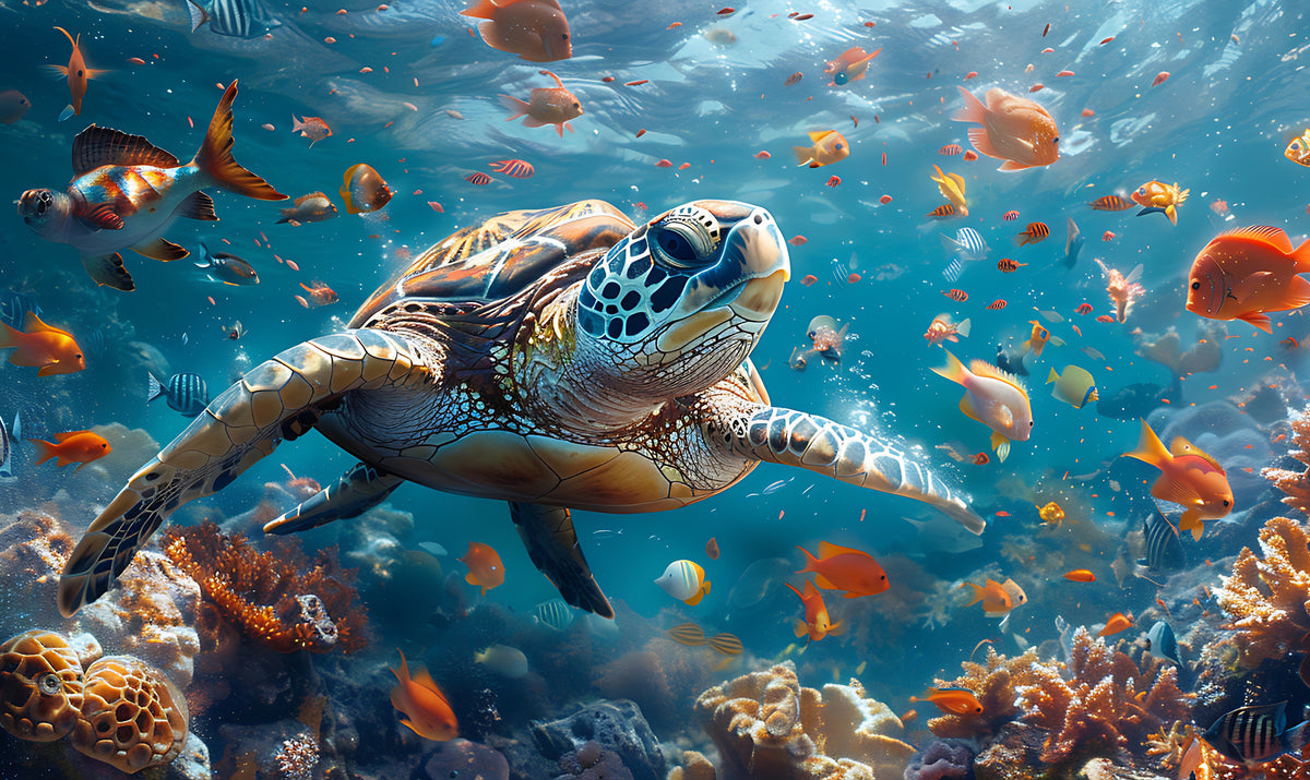 photo-wallpaper-sea-turtle-gliding-over-a-colourful-coral-reef-in-turquoise-light