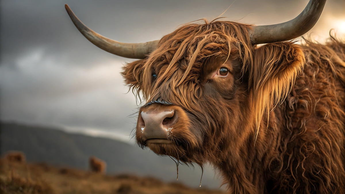 photo-wallpaper-highland-cow-close-up-with-shaggy-coat-under-a-brooding-sky