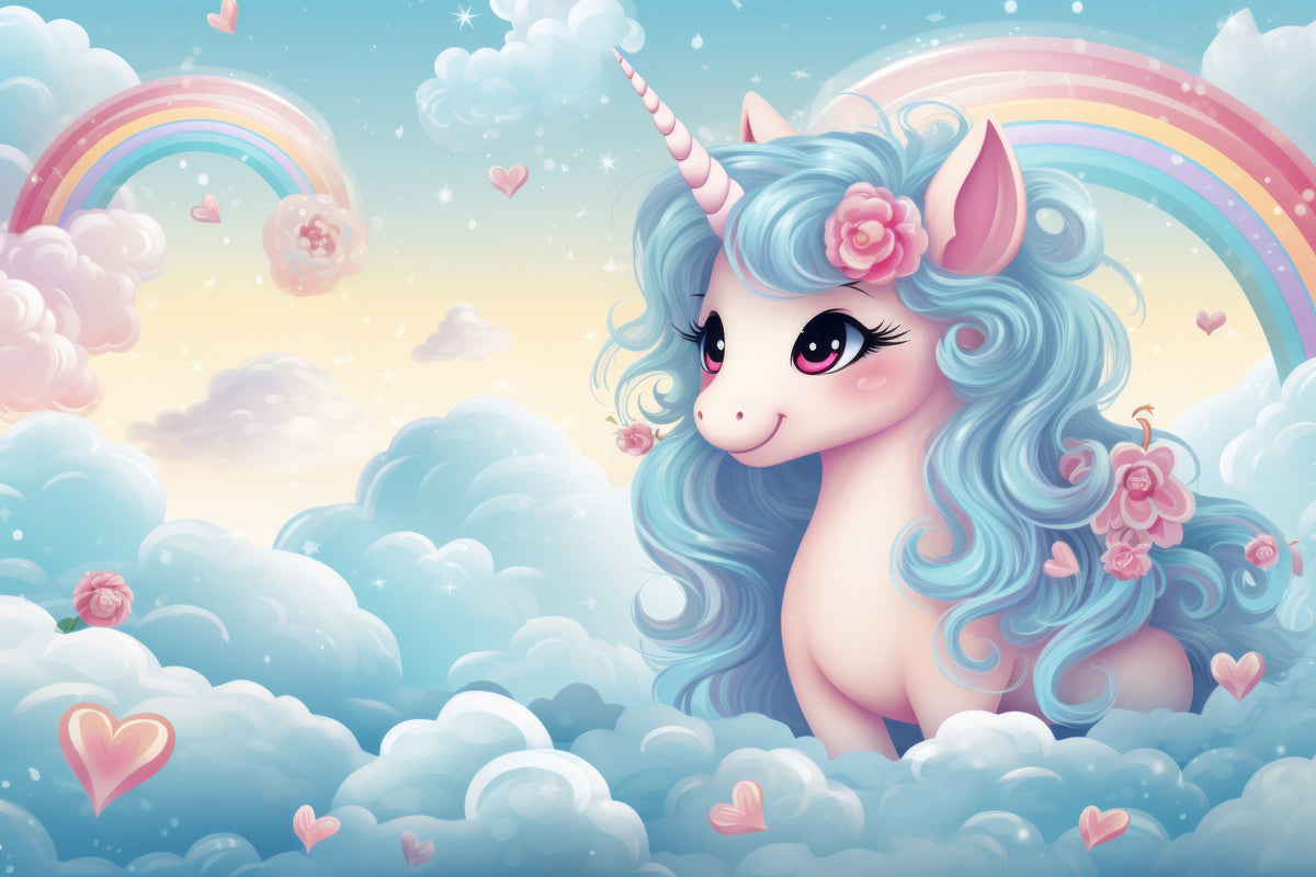 photo-wallpaper-unicorn-with-turquoise-mane-among-pastel-clouds-and-rainbows
