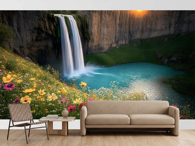 photo-wallpaper-waterfall-into-a-turquoise-mountain-pool-with-wildflowers-at-sunset