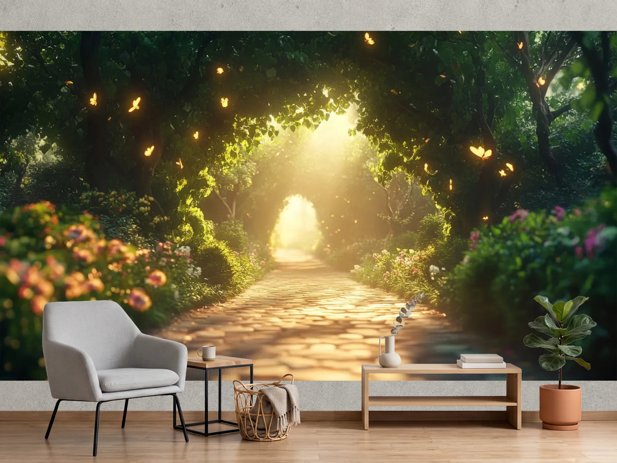 photo-wallpaper-cobbled-path-through-a-blossoming-leafy-tunnel-with-glowing-butterflies