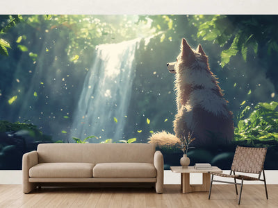 photo-wallpaper-wolf-by-a-forest-waterfall-in-a-beam-of-light