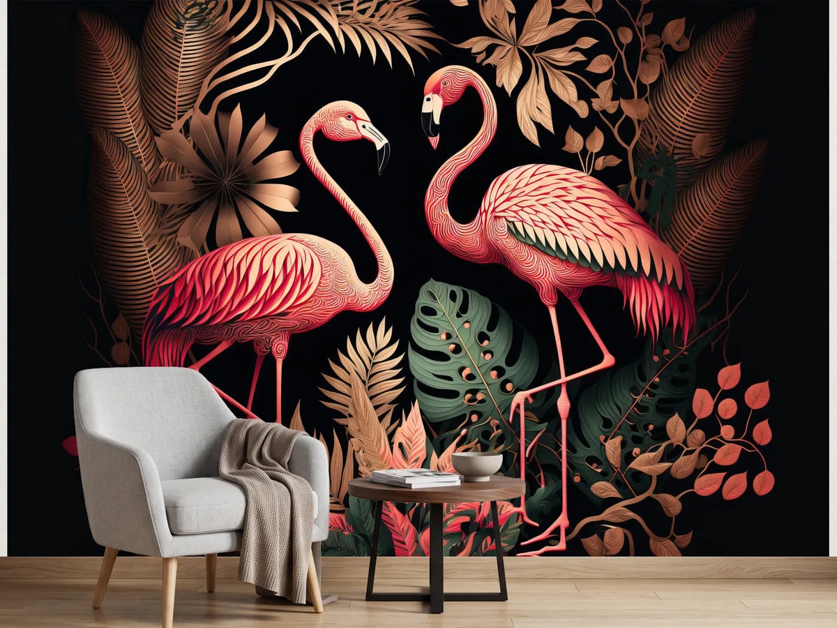 photo-wallpaper-two-flamingos-in-dark-jungle-foliage-art-deco-in-rose-and-copper