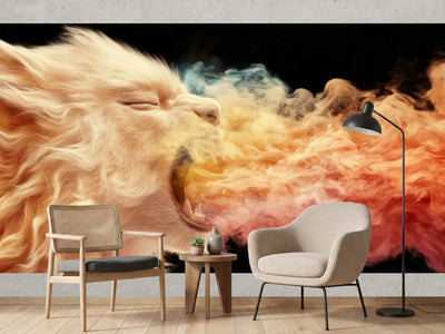 photo-wallpaper-roaring-lion-in-profile-exhaling-coloured-smoke-against-black
