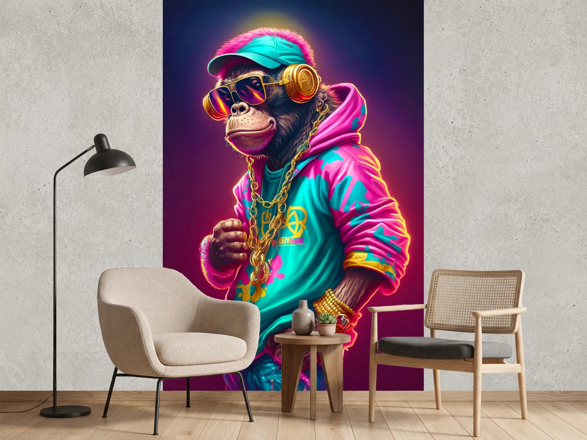 photo-wallpaper-rapper-monkey-with-gold-chain-and-sunglasses-in-neon-colours