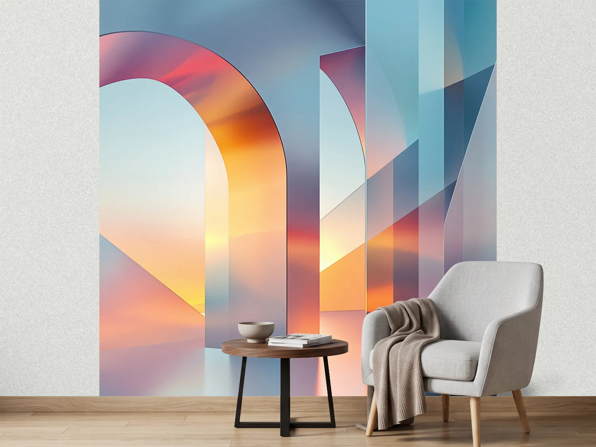 photo-wallpaper-mirrored-arches-at-sunset-glass-architecture-in-orange-and-blue